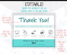 Load image into Gallery viewer, EDITABLE Face Mask Label Care Card, THANK YOU for Your Order Card, Face Mask Instructions, Business Labels, Mask Seller, Package Label Tag | Aqua Style 1
