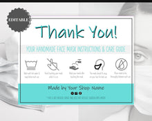 Load image into Gallery viewer, EDITABLE Face Mask Label Care Card, THANK YOU for Your Order Card, Face Mask Instructions, Business Labels, Mask Seller, Package Label Tag | Aqua Style 1
