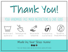 Load image into Gallery viewer, EDITABLE Face Mask Label Care Card, THANK YOU for Your Order Card, Face Mask Instructions, Business Labels, Mask Seller, Package Label Tag | Aqua Style 1
