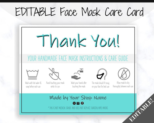 EDITABLE Face Mask Label Care Card, THANK YOU for Your Order Card, Face Mask Instructions, Business Labels, Mask Seller, Package Label Tag | Aqua Style 1