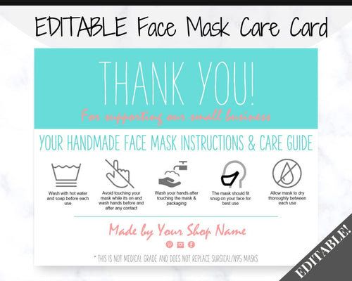 EDITABLE Face Mask Label Care Card, THANK YOU for Your Order Card, Face Mask Instructions, Business Labels, Mask Seller, Package Label Tag | Aqua Style 2
