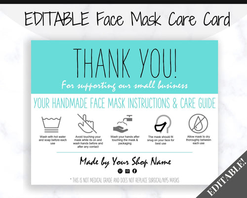 EDITABLE Face Mask Label Care Card, THANK YOU for Your Order Card, Face Mask Instructions, Business Labels, Mask Seller, Package Label Tag | Aqua Style 3