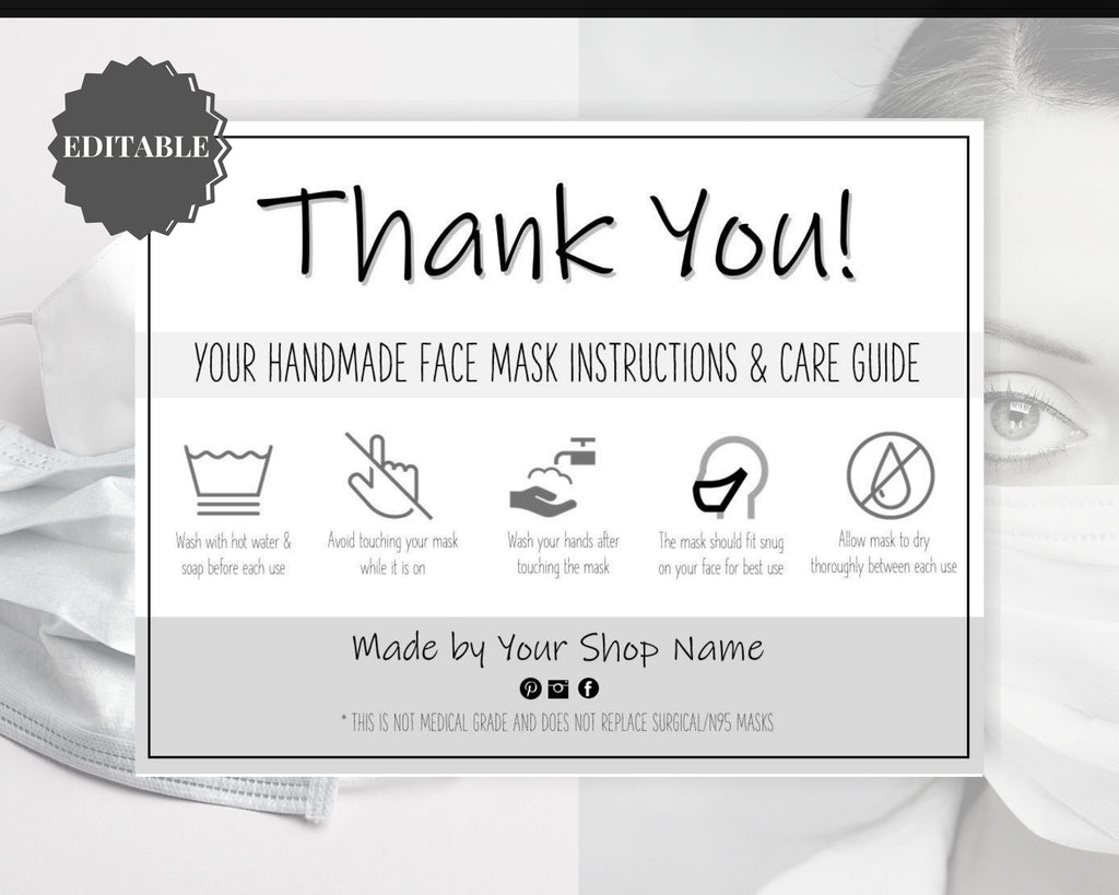 EDITABLE Face Mask THANK YOU for Your Order Care Card | Mono Style 1