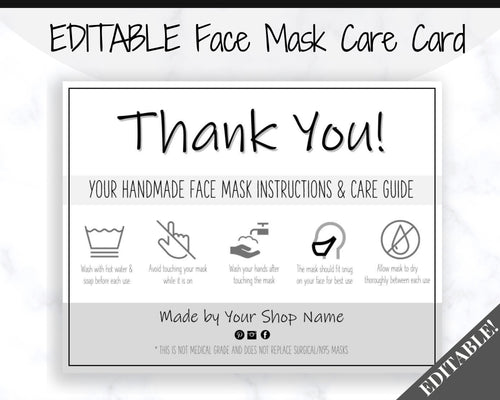 EDITABLE Face Mask Label Care Card, THANK YOU for Your Order Card, Face Mask Instructions, Business Labels, Mask Seller, Package Label Tag | Mono Style 1