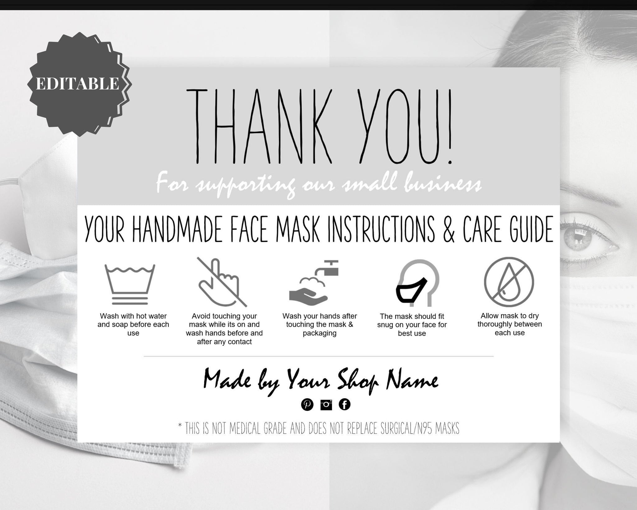 EDITABLE Face Mask THANK YOU for Your Order Care Card | Mono Style 2