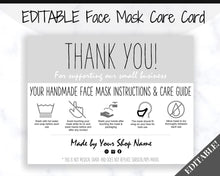 Load image into Gallery viewer, EDITABLE Face Mask Label Care Card, THANK YOU for Your Order Card, Face Mask Instructions, Business Labels, Mask Seller, Package Label Tag | Mono Style 2
