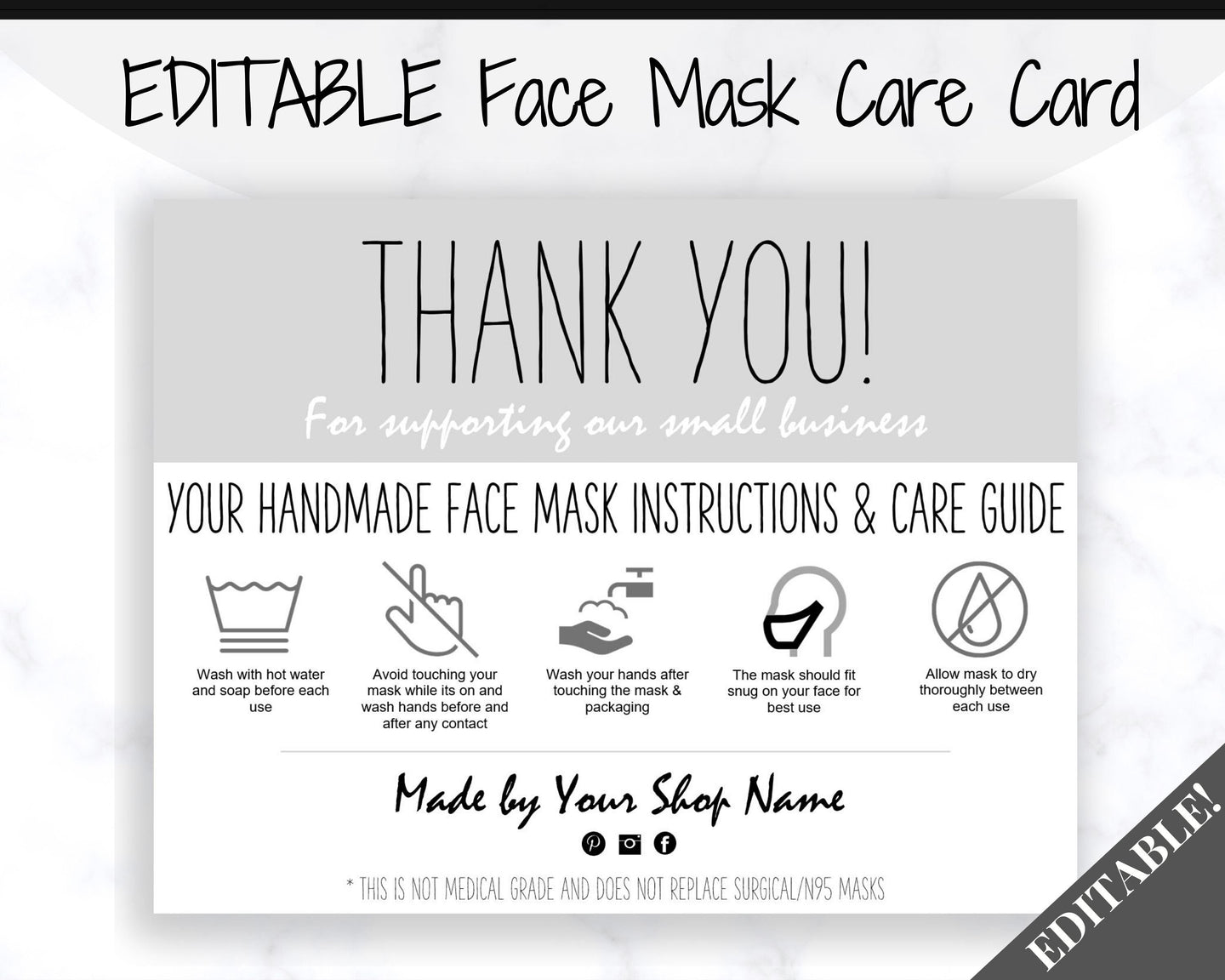 EDITABLE Face Mask Label Care Card, THANK YOU for Your Order Card, Face Mask Instructions, Business Labels, Mask Seller, Package Label Tag | Mono Style 2
