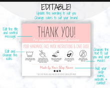Load image into Gallery viewer, EDITABLE Face Mask Label Care Card, THANK YOU for Your Order Card, Face Mask Instructions, Business Labels, Mask Seller, Package Label Tag | Multicolor Bundle
