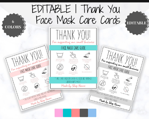 EDITABLE Face Mask Label Care Card, THANK YOU for Your Order Card, Face Mask Instructions, Business Labels, Mask Seller, Package Label Tag | Multicolor Bundle