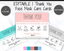 Load image into Gallery viewer, EDITABLE Face Mask Label Care Card, THANK YOU for Your Order Card, Face Mask Instructions, Business Labels, Mask Seller, Package Label Tag | Multicolor Bundle
