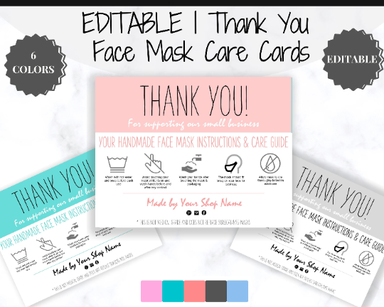 EDITABLE Face Mask Label Care Card, THANK YOU for Your Order Card, Face Mask Instructions, Business Labels, Mask Seller, Package Label Tag | Multicolor Bundle