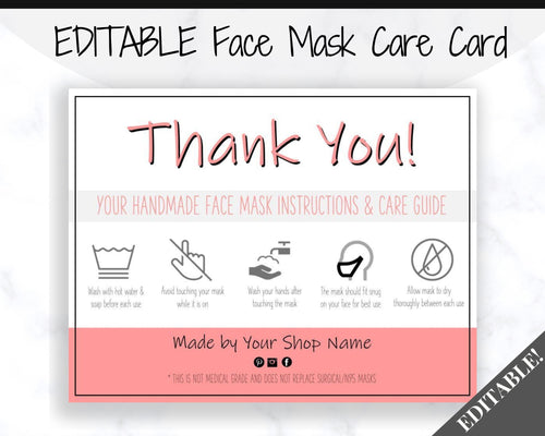 EDITABLE Face Mask Label Care Card, THANK YOU for Your Order Card, Face Mask Instructions, Business Labels, Mask Seller, Package Label Tag | Pink