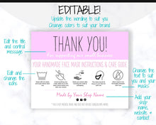 Load image into Gallery viewer, EDITABLE Face Mask Label Care Card, THANK YOU for Your Order Card, Face Mask Instructions, Business Labels, Mask Seller, Package Label Tag | Purple Style 1
