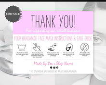 Load image into Gallery viewer, EDITABLE Face Mask Label Care Card, THANK YOU for Your Order Card, Face Mask Instructions, Business Labels, Mask Seller, Package Label Tag | Purple Style 1

