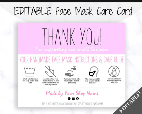 EDITABLE Face Mask Label Care Card, THANK YOU for Your Order Card, Face Mask Instructions, Business Labels, Mask Seller, Package Label Tag | Purple Style 1