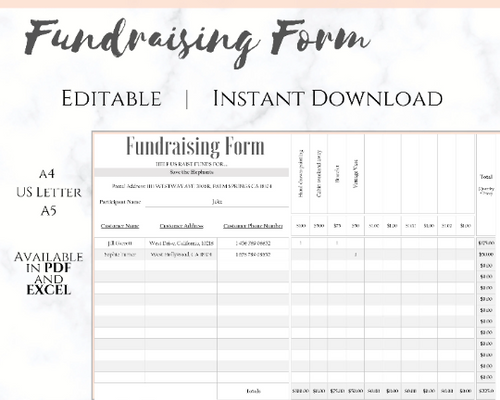 EDITABLE Fundraising Form | Fundraiser | Charitable Donation Tracker | Customer Order Schedule | Silent Auction Bidding Sheet | Raise Money