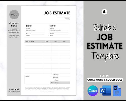 EDITABLE Job Estimate Template, Editable Small Business Template, Invoice Order, Job Estimate Form, Word, Canva, Google Docs, Quote, Proposal | Stripe