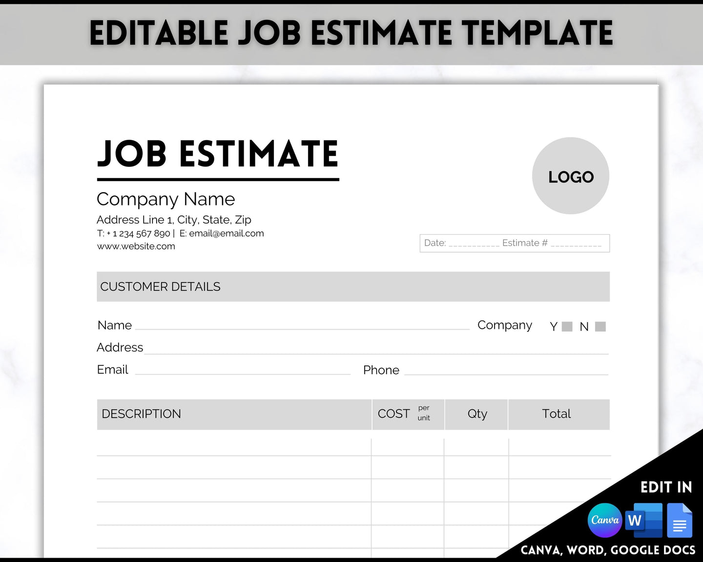 EDITABLE Job Estimate Template, Small Business Template, Invoice Order, Job Estimate Form, Word, Canva, Google Docs, Quote, Proposal