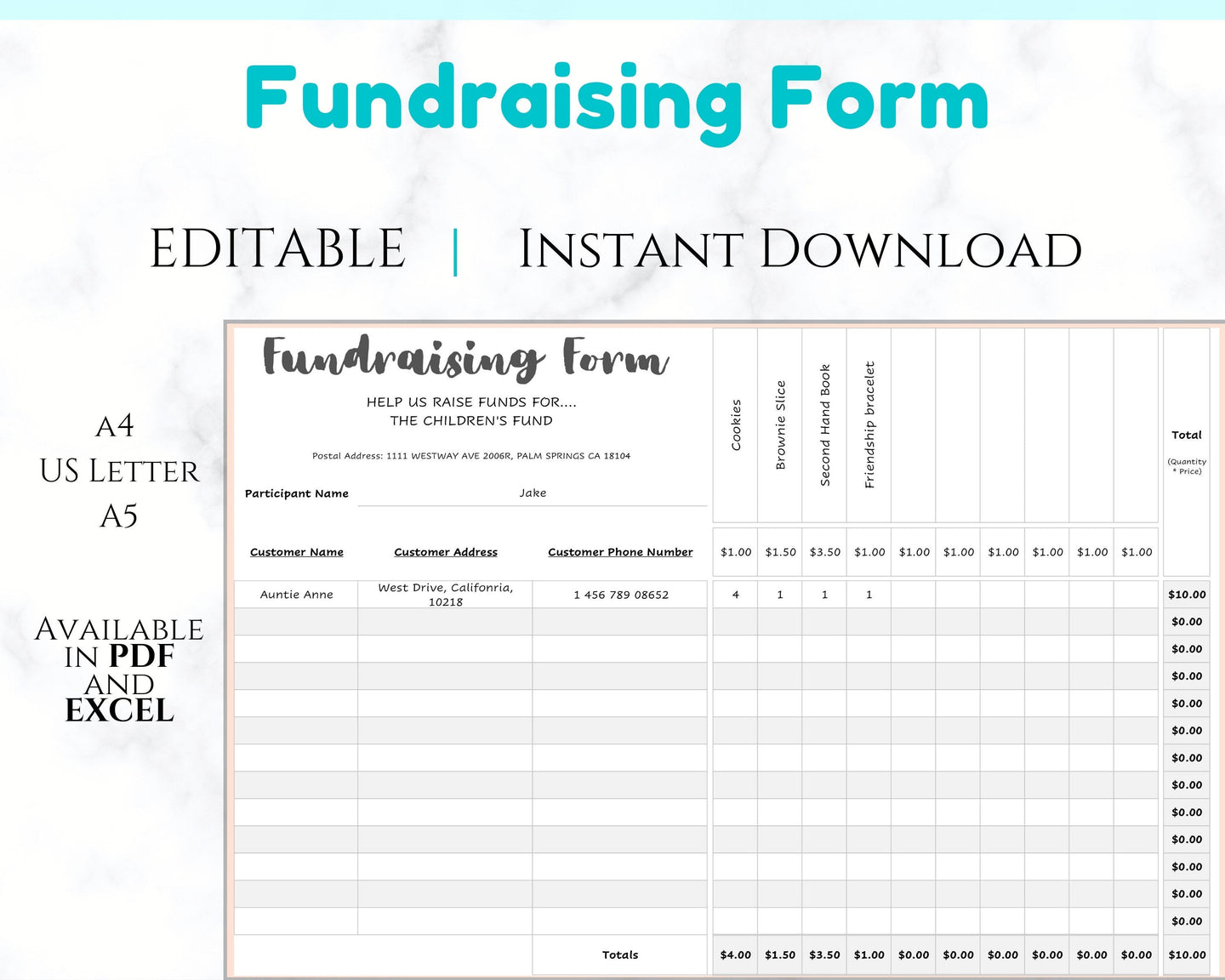 EDITABLE Kids Fundraising Form | Fundraiser | Charitable Donation Tracker | Order Schedule | Silent Auction Bidding Sheet | Raise Money