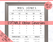 Load image into Gallery viewer, EDITABLE Kitchen Conversion Chart, Kitchen Measurements Cheat Sheet! Cooking Substitutions, Temperature Food guide, Kitchen Décor, Weights
