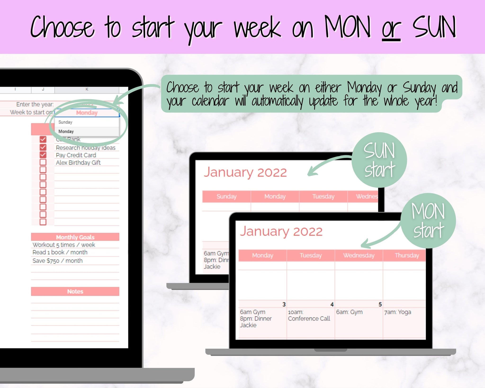 Editable Monthly Calendar Planner Google Sheets Excel Purple