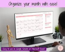 Load image into Gallery viewer, EDITABLE Monthly Calendar, Monthly Planner Template, Automated Spreadsheet, Google Sheets, Excel, Annual, To Do List, Undated Schedule - Purple
