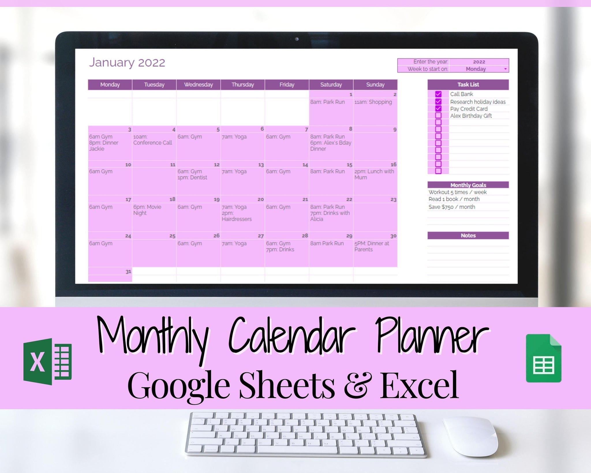 Editable Monthly Calendar Planner | Google Sheets & Excel - Purple Editable Monthly Calendar Planner | Google Sheets & Excel - Purple