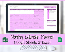 Load image into Gallery viewer, EDITABLE Monthly Calendar, Monthly Planner Template, Automated Spreadsheet, Google Sheets, Excel, Annual, To Do List, Undated Schedule - Purple
