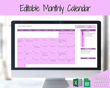 Load image into Gallery viewer, EDITABLE Monthly Calendar, Monthly Planner Template, Automated Spreadsheet, Google Sheets, Excel, Annual, To Do List, Undated Schedule - Purple
