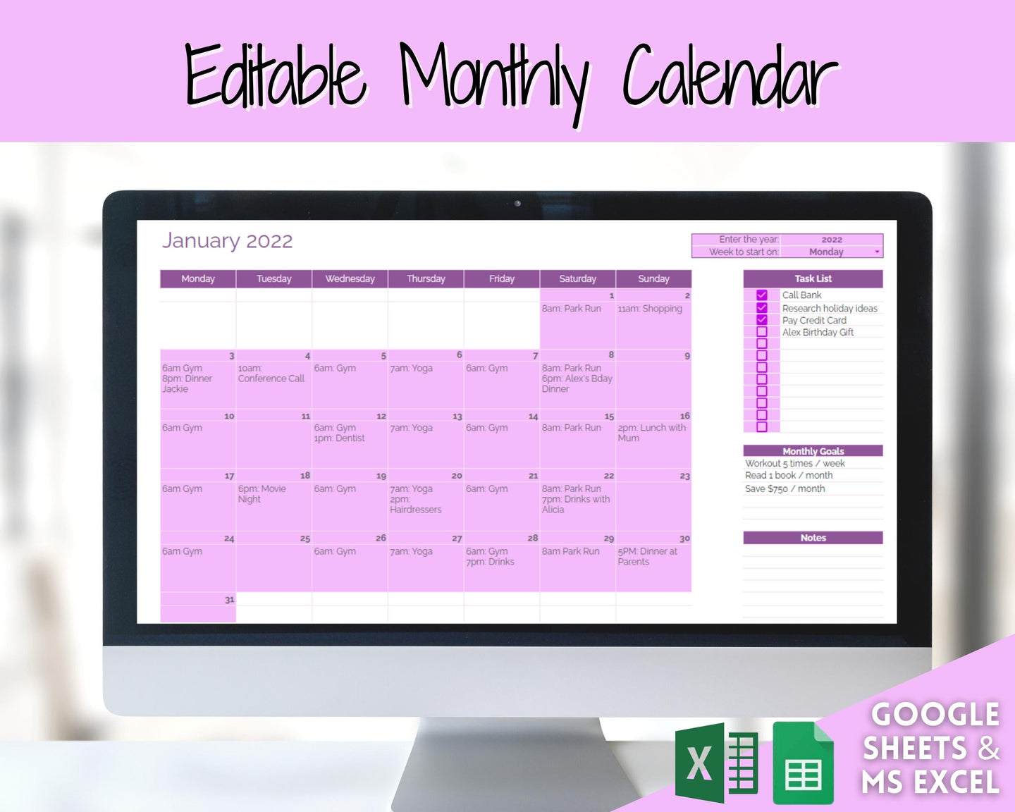 EDITABLE Monthly Calendar, Monthly Planner Template, Automated Spreadsheet, Google Sheets, Excel, Annual, To Do List, Undated Schedule - Purple