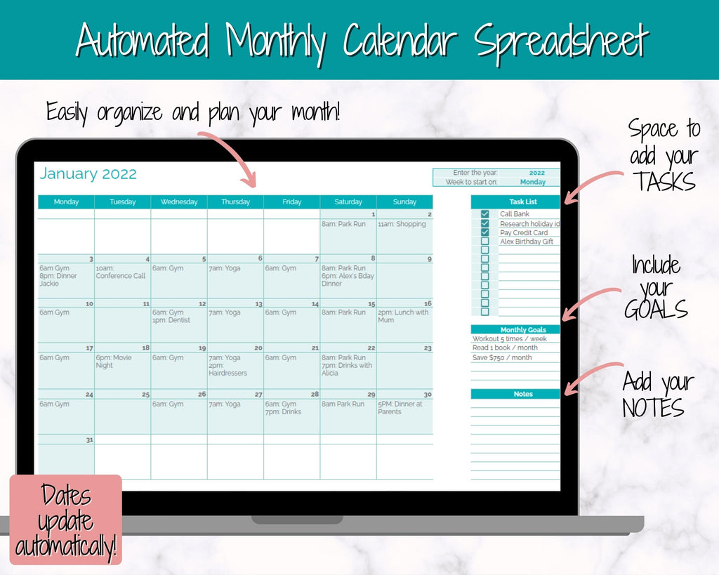 Editable Monthly Calendar Planner Google Sheets Amp Excel Teal