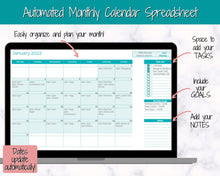 Load image into Gallery viewer, EDITABLE Monthly Calendar, Monthly Planner Template, Automated Spreadsheet, Google Sheets, Excel, Annual, To Do List, Undated Schedule - Teal

