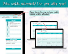 Load image into Gallery viewer, EDITABLE Monthly Calendar, Monthly Planner Template, Automated Spreadsheet, Google Sheets, Excel, Annual, To Do List, Undated Schedule - Teal
