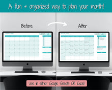 Load image into Gallery viewer, EDITABLE Monthly Calendar, Monthly Planner Template, Automated Spreadsheet, Google Sheets, Excel, Annual, To Do List, Undated Schedule - Teal
