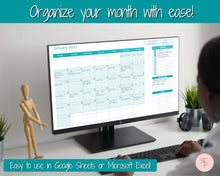 Load image into Gallery viewer, EDITABLE Monthly Calendar, Monthly Planner Template, Automated Spreadsheet, Google Sheets, Excel, Annual, To Do List, Undated Schedule - Teal
