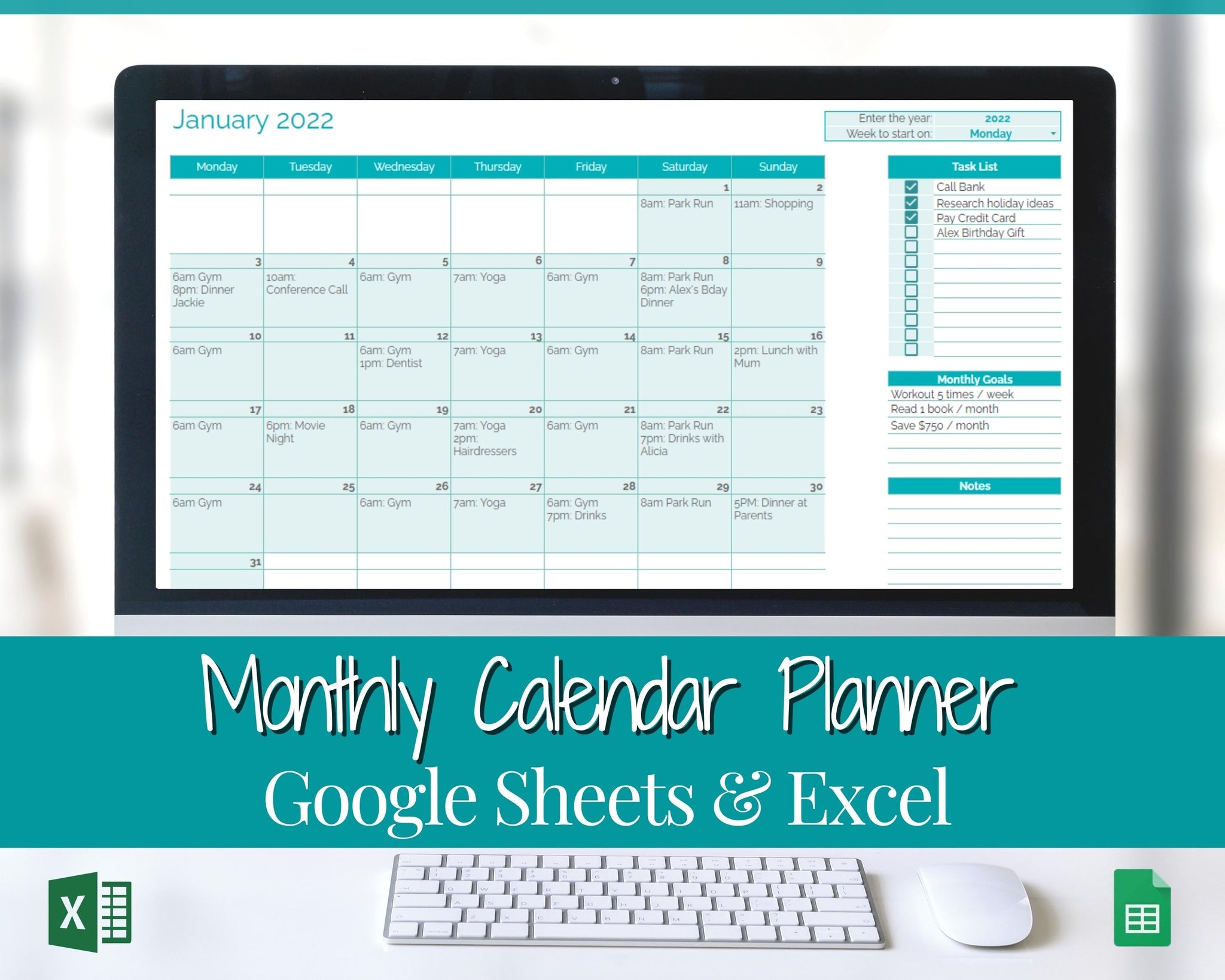 Editable Monthly Calendar Planner Google Sheets Amp Excel Teal
