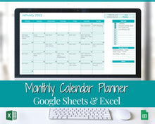 Load image into Gallery viewer, EDITABLE Monthly Calendar, Monthly Planner Template, Automated Spreadsheet, Google Sheets, Excel, Annual, To Do List, Undated Schedule - Teal
