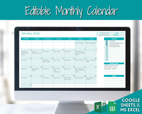 EDITABLE Monthly Calendar, Monthly Planner Template, Automated Spreadsheet, Google Sheets, Excel, Annual, To Do List, Undated Schedule - Teal