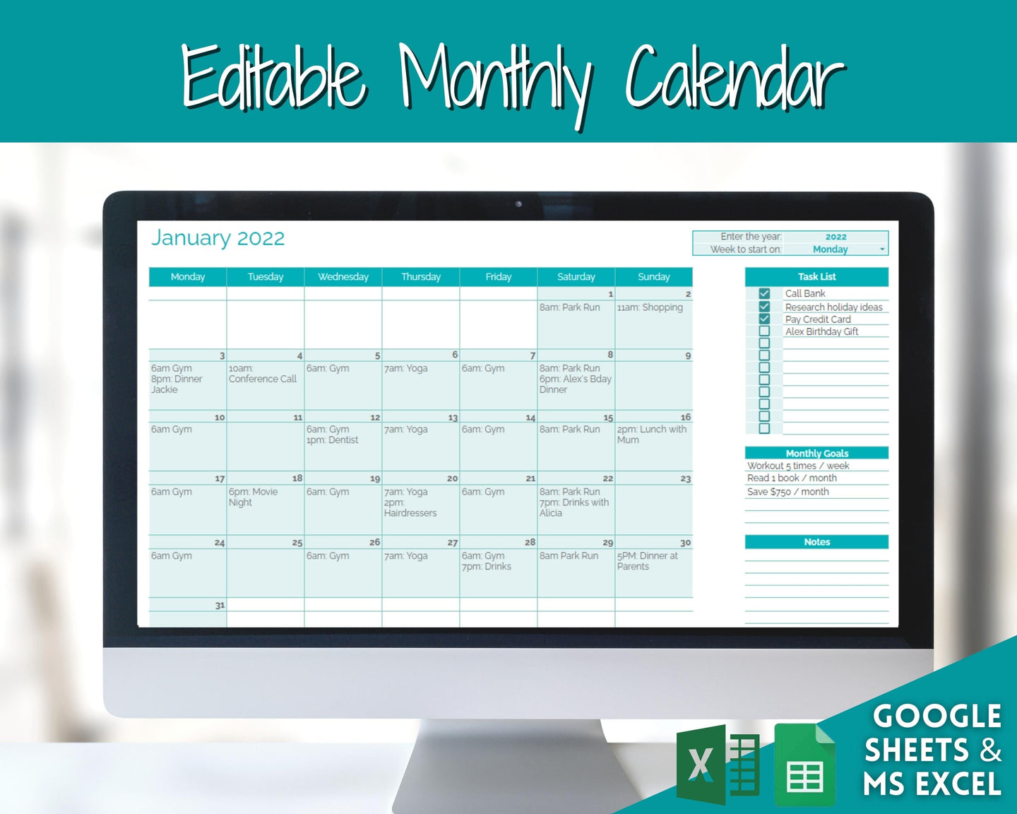 EDITABLE Monthly Calendar, Monthly Planner Template, Automated Spreadsheet, Google Sheets, Excel, Annual, To Do List, Undated Schedule - Teal