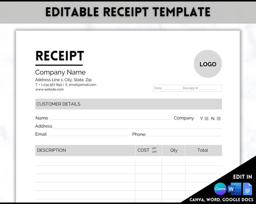 EDITABLE Receipt Template, Receipt Form, Small Business, Invoice Order, Job Estimate Form, Word, Canva, Google Docs, Quote, Proposal