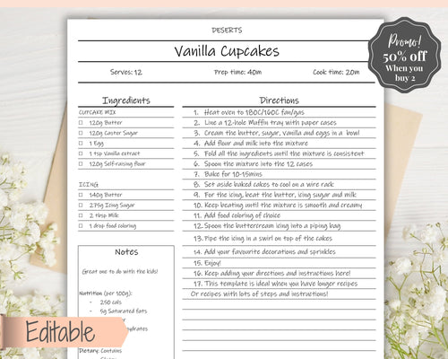 EDITABLE Recipe Book template, Recipe Sheet Template, Recipe Cards, Minimal Recipe Binder, 8.5x11 Printable Farmhouse, Food Planner Journal - No Photo Ink Free