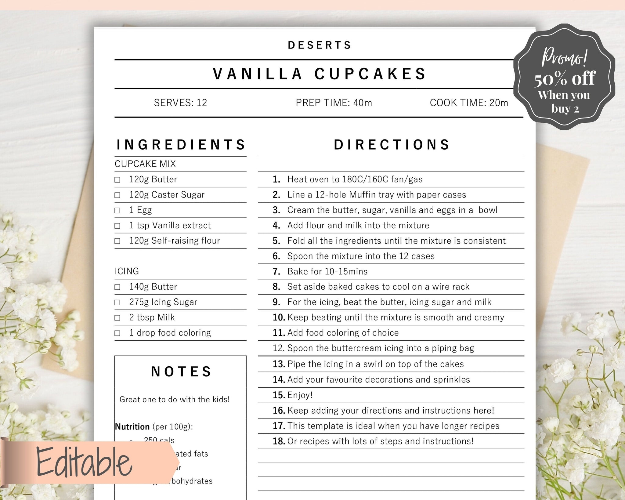 Editable Recipe Book Template, Recipe Sheet Printables