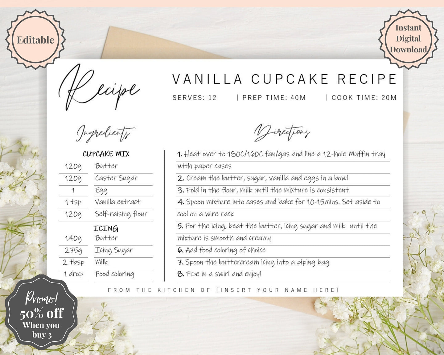EDITABLE Recipe Card template, Recipe Template, Recipe Cards Printable, Simple, Retro, 4x6, Insert, Minimal, Sheet, Recipe Box, Sheet, Book | Style 1