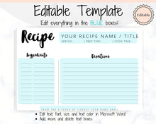 Load image into Gallery viewer, EDITABLE Recipe Card template, Recipe Template, Recipe Cards Printable, Simple, Retro, 4x6, Insert, Minimal, Sheet, Recipe Box, Sheet, Book | Style 2
