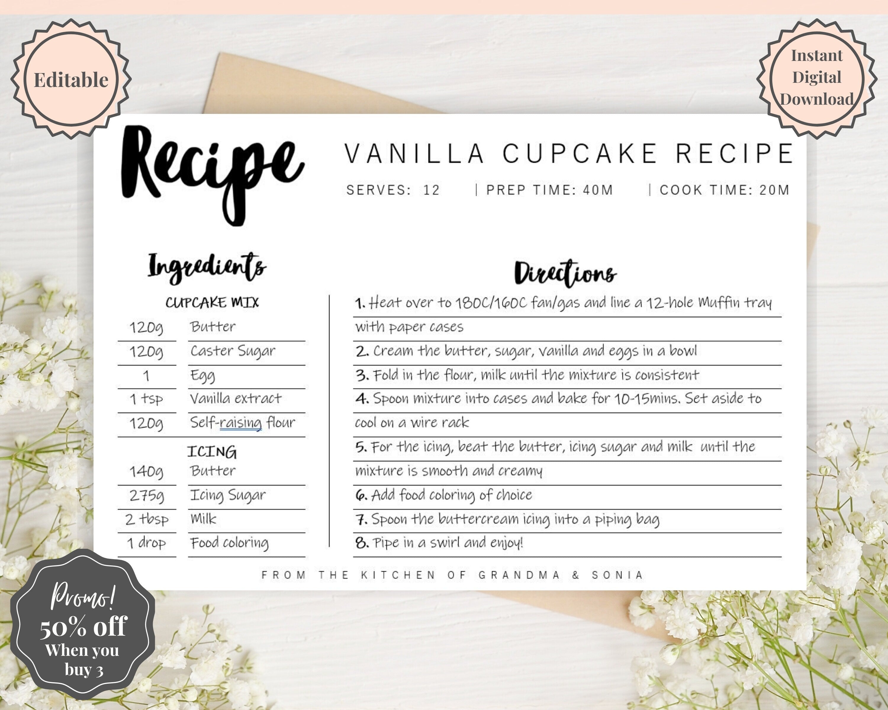 EDITABLE Recipe Card Template Printable | Style 2