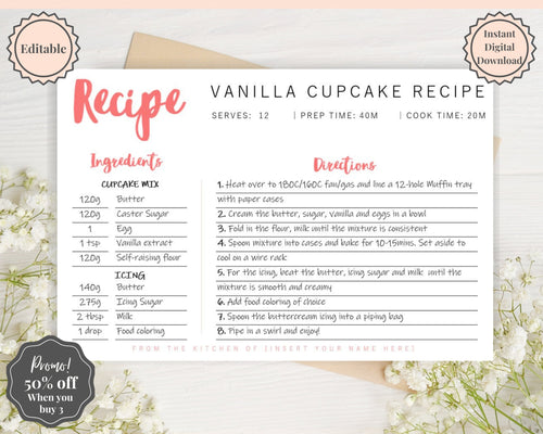 EDITABLE Recipe Card template, Recipe Template, Recipe Cards Printable, Simple, Retro, 4x6, Insert, Minimal, Sheet, Recipe Box, Sheet, Book | Style 3