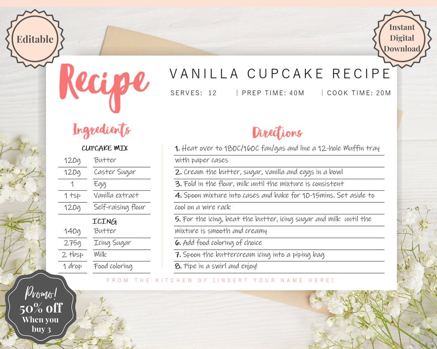 EDITABLE Recipe Card template, Recipe Template, Recipe Cards Printable, Simple, Retro, 4x6, Insert, Minimal, Sheet, Recipe Box, Sheet, Book | Style 3