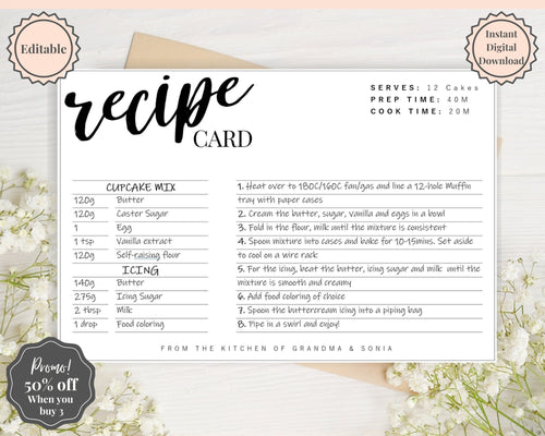 EDITABLE Recipe Card template, Recipe Template, Recipe Cards Printable, Simple, Retro, 4x6, Insert, Minimal, Sheet, Recipe Box, Sheet, Book | Style 4
