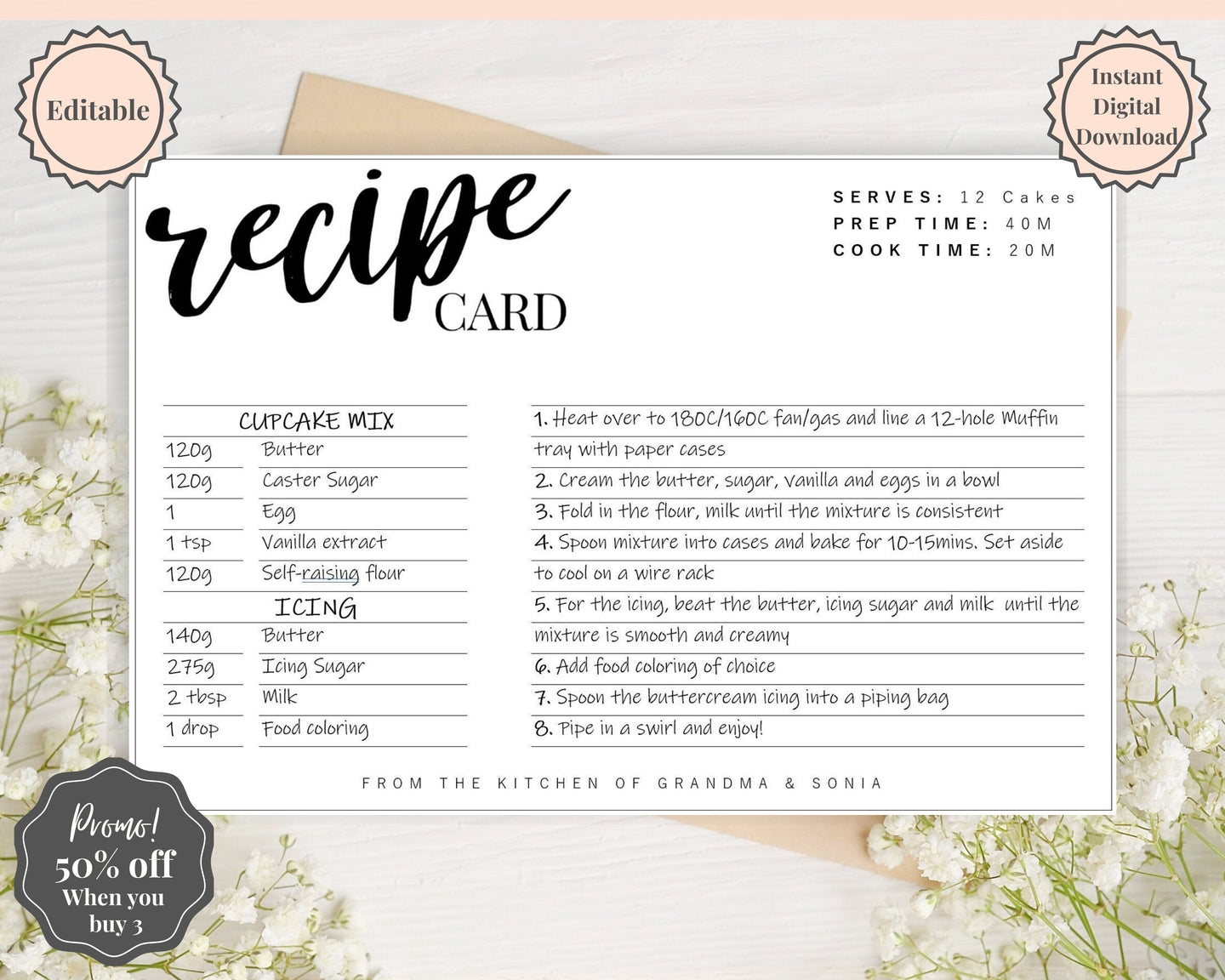 EDITABLE Recipe Card template, Recipe Template, Recipe Cards Printable, Simple, Retro, 4x6, Insert, Minimal, Sheet, Recipe Box, Sheet, Book | Style 4