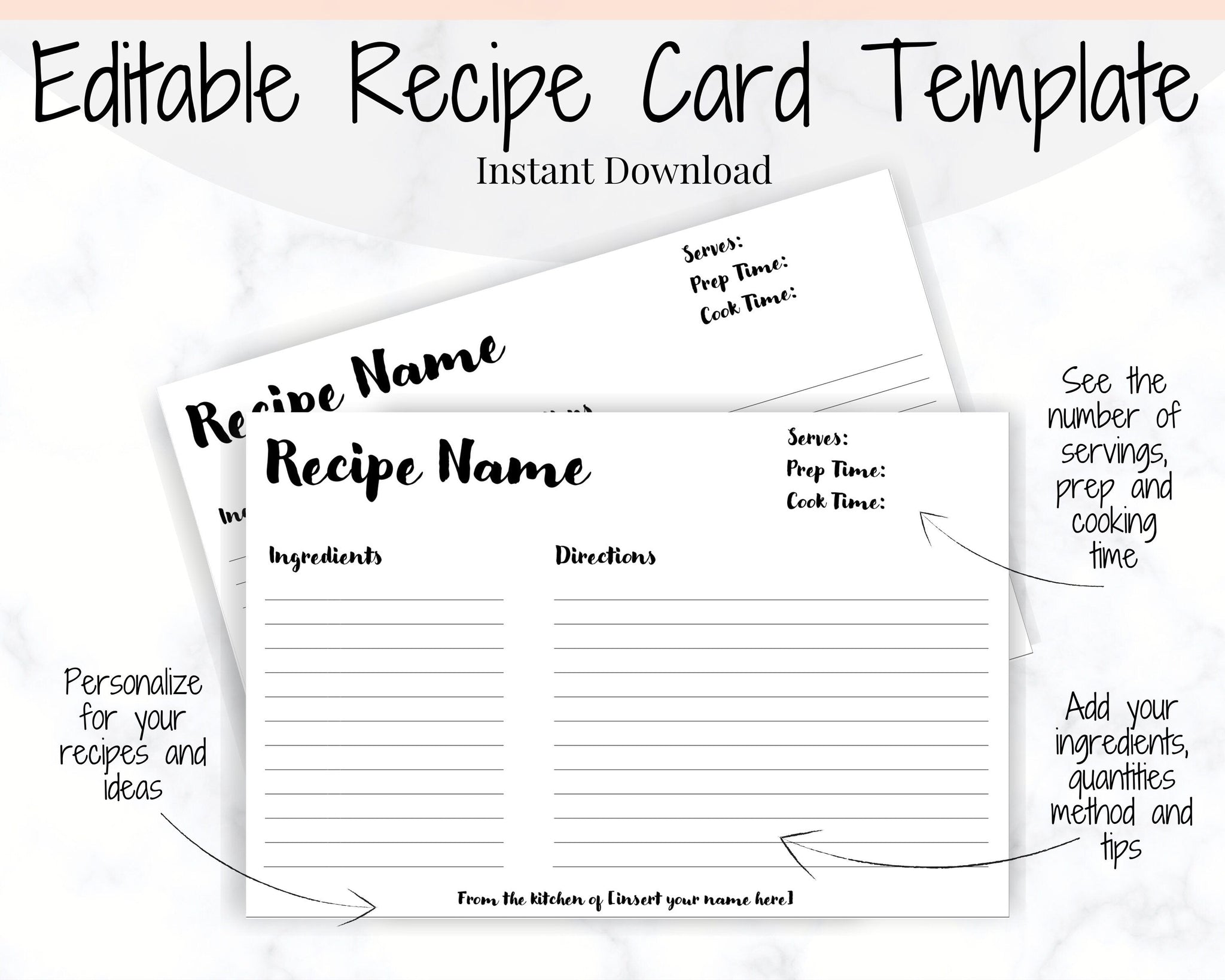 Monogram Recipe Card Editable Recipe Card Template Printable